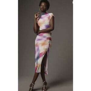 Anthropologie Maya Ruched Cowl-Neck Mesh Dress – Watercolor Print – Size XL